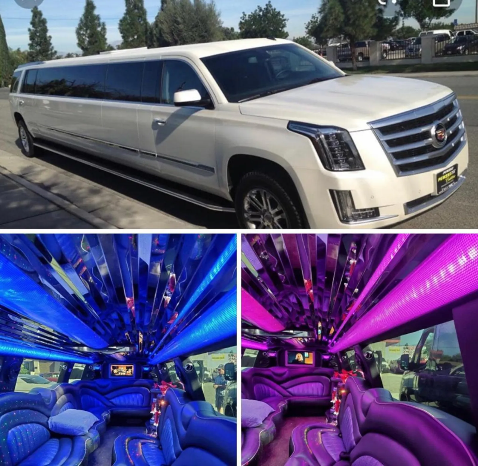 White Cadillac Escalade stretch limousine with blue and purple interiors