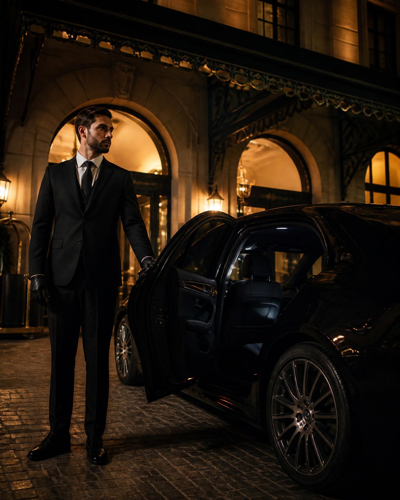 Professional chauffeur opening the door of a black luxury sedan